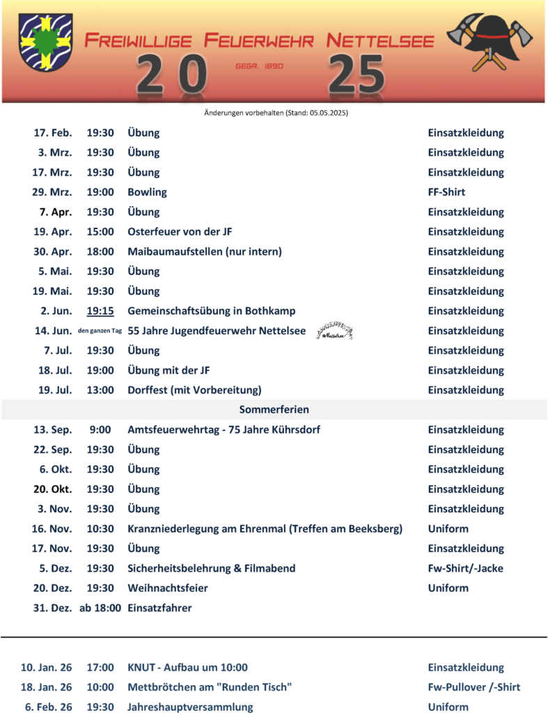 Dienstplan der FF Nettelsee