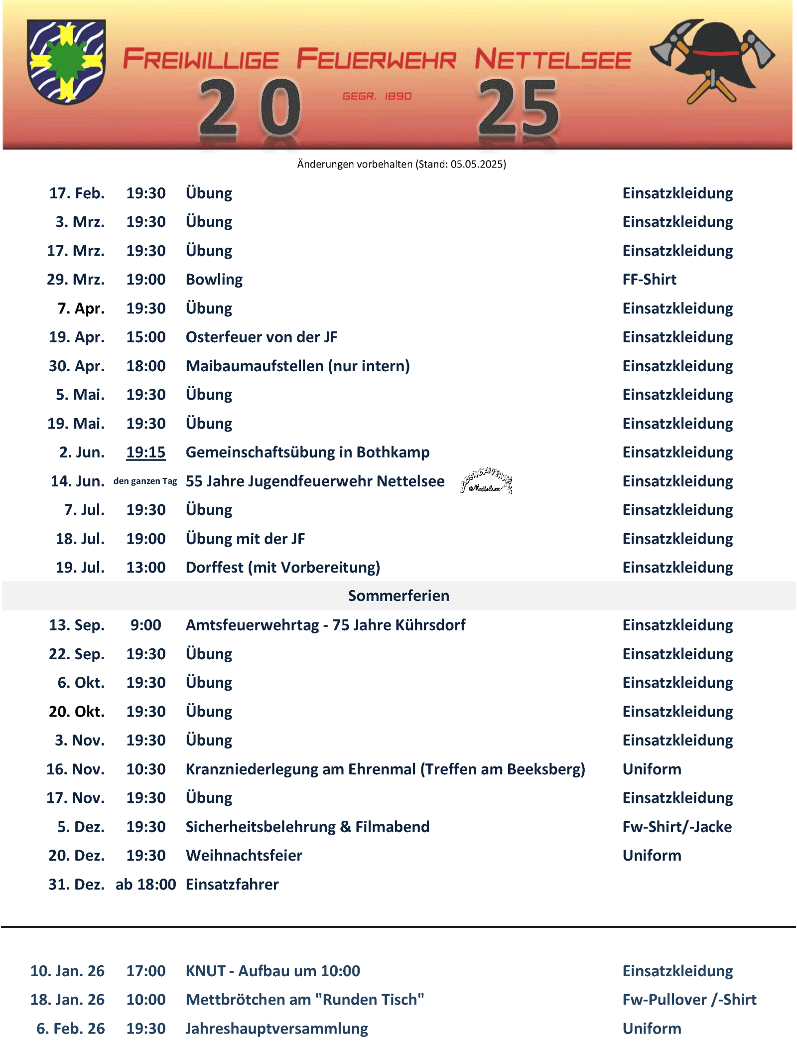 Dienstplan der FF Nettelsee