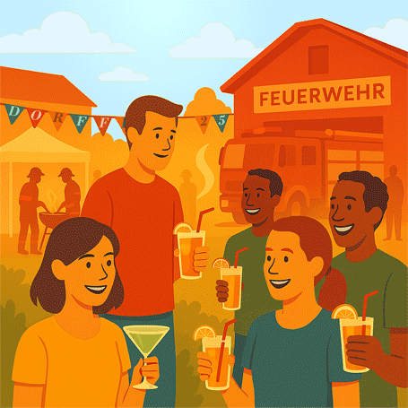 Fröhliche Menschen stehen mit einem Getränk in der Hand vor einem Feuerwehrhaus. Im Hintergrund grillen Feuerwehrmänner unter einem kleinen Zeltpavillon.