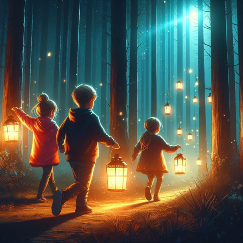Kinder laufen mit einer Laterne durch den Wald. Weitere Laternen beleuchten den Weg. Sterne leuchten am Himmel.